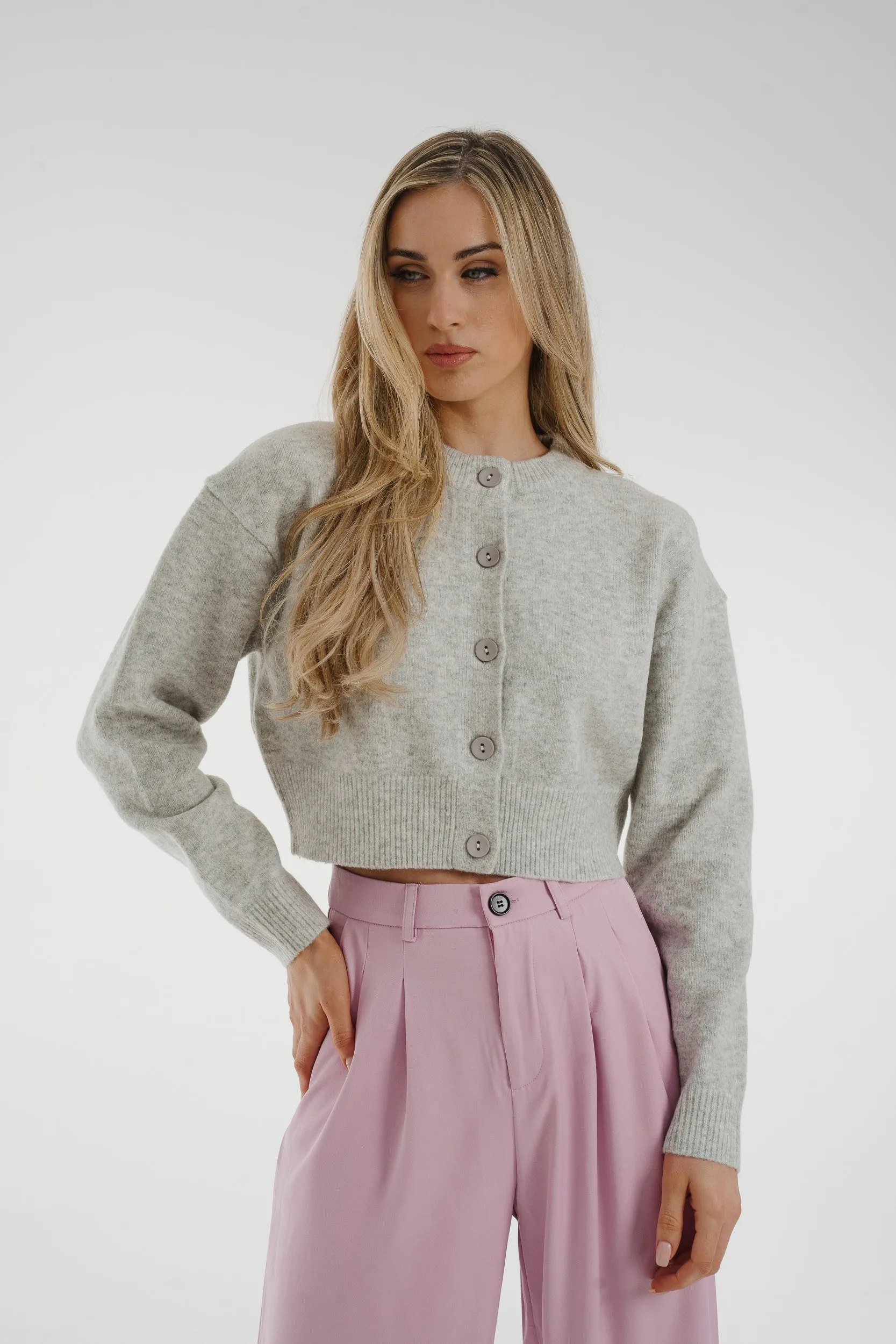 Ally Round Neck Cardigan In Grey