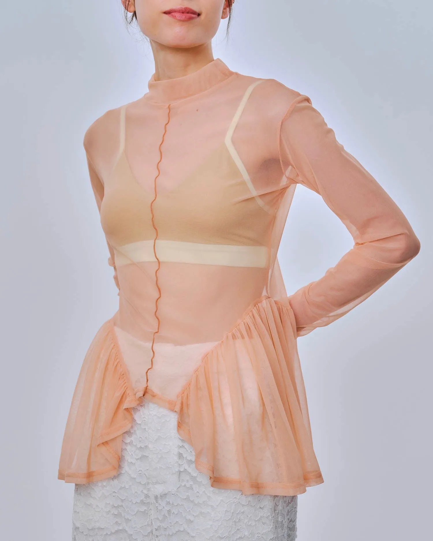 Arch gather see-through tops (Pink)