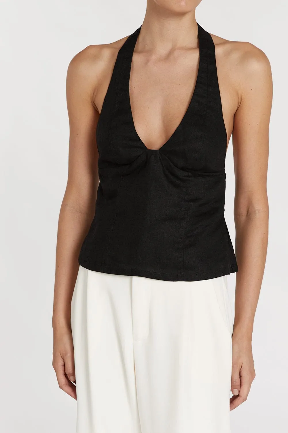 AUDREY BLACK LINEN HALTER TOP