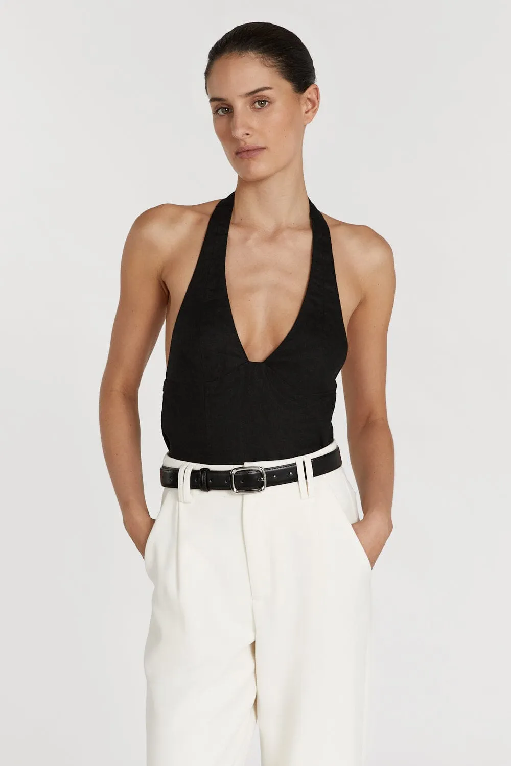 AUDREY BLACK LINEN HALTER TOP