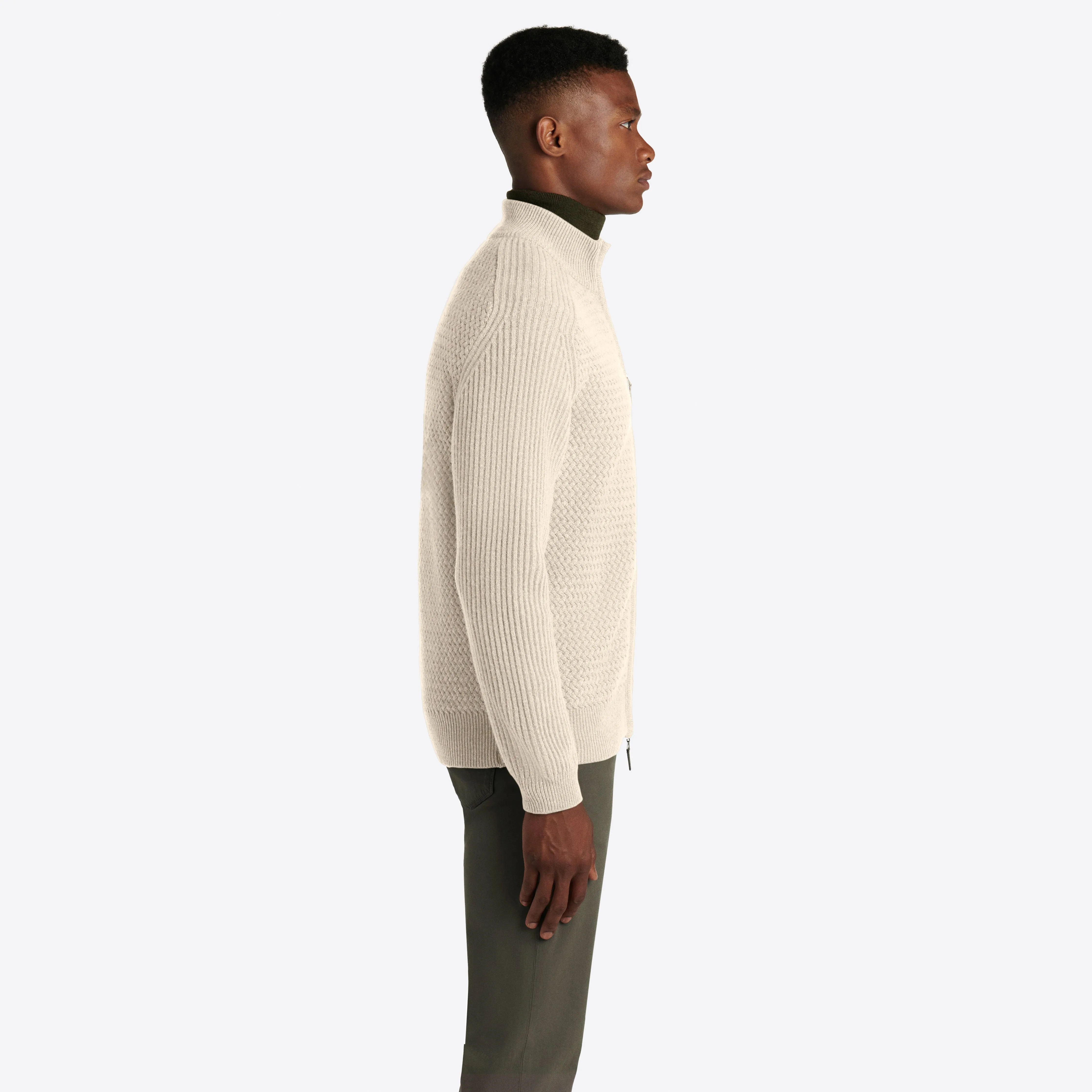 Basketweave Knit Full Zip Mock Neck Sweater