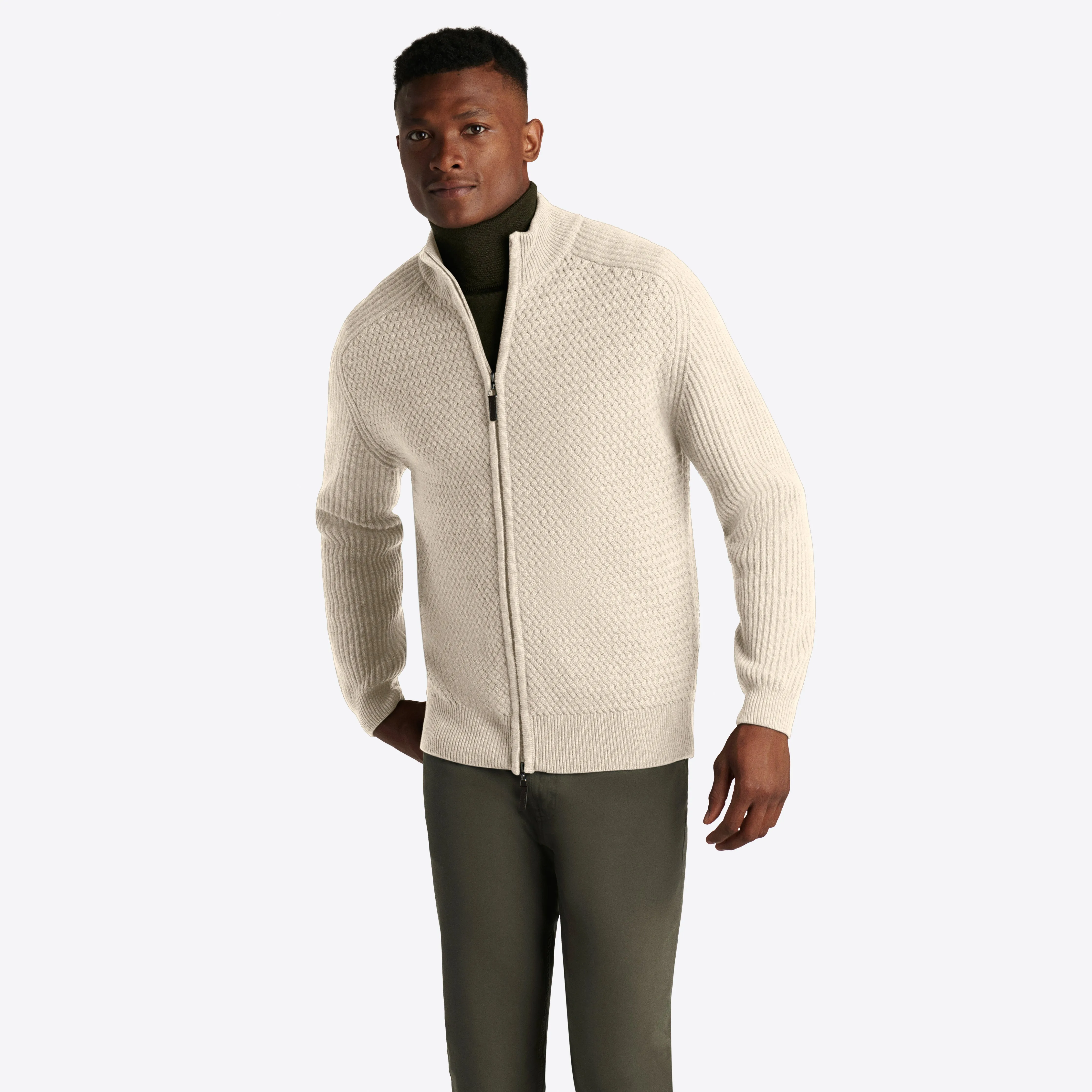 Basketweave Knit Full Zip Mock Neck Sweater