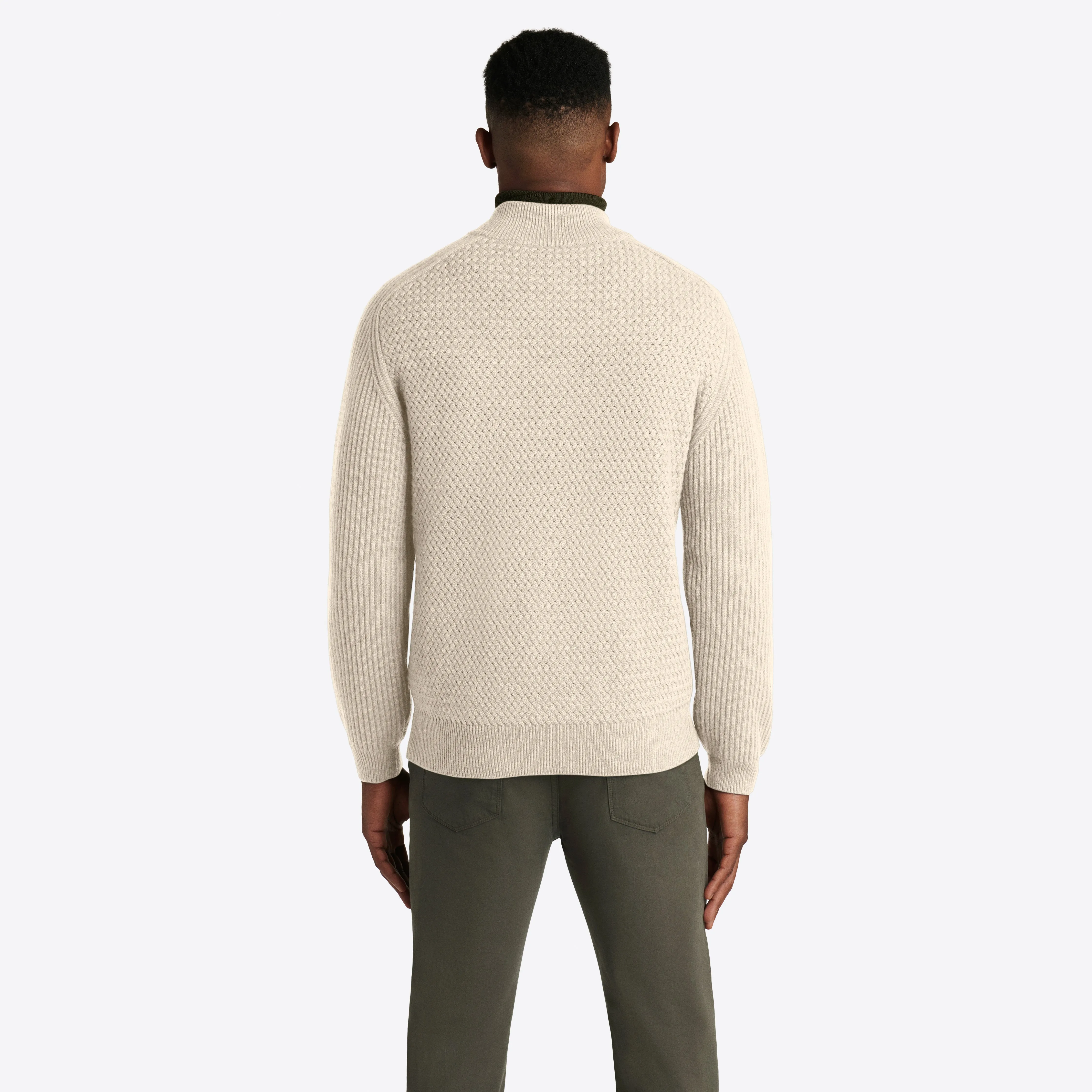 Basketweave Knit Full Zip Mock Neck Sweater