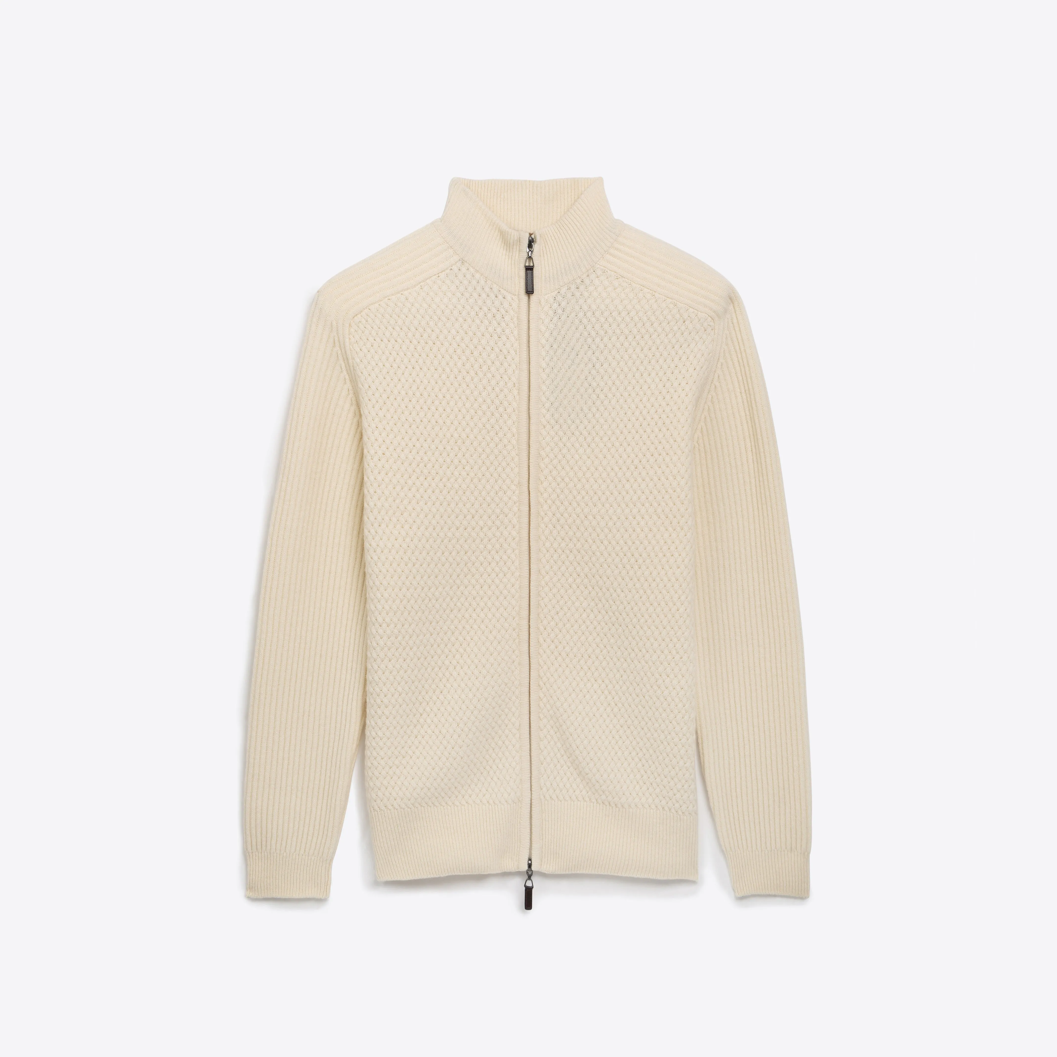 Basketweave Knit Full Zip Mock Neck Sweater