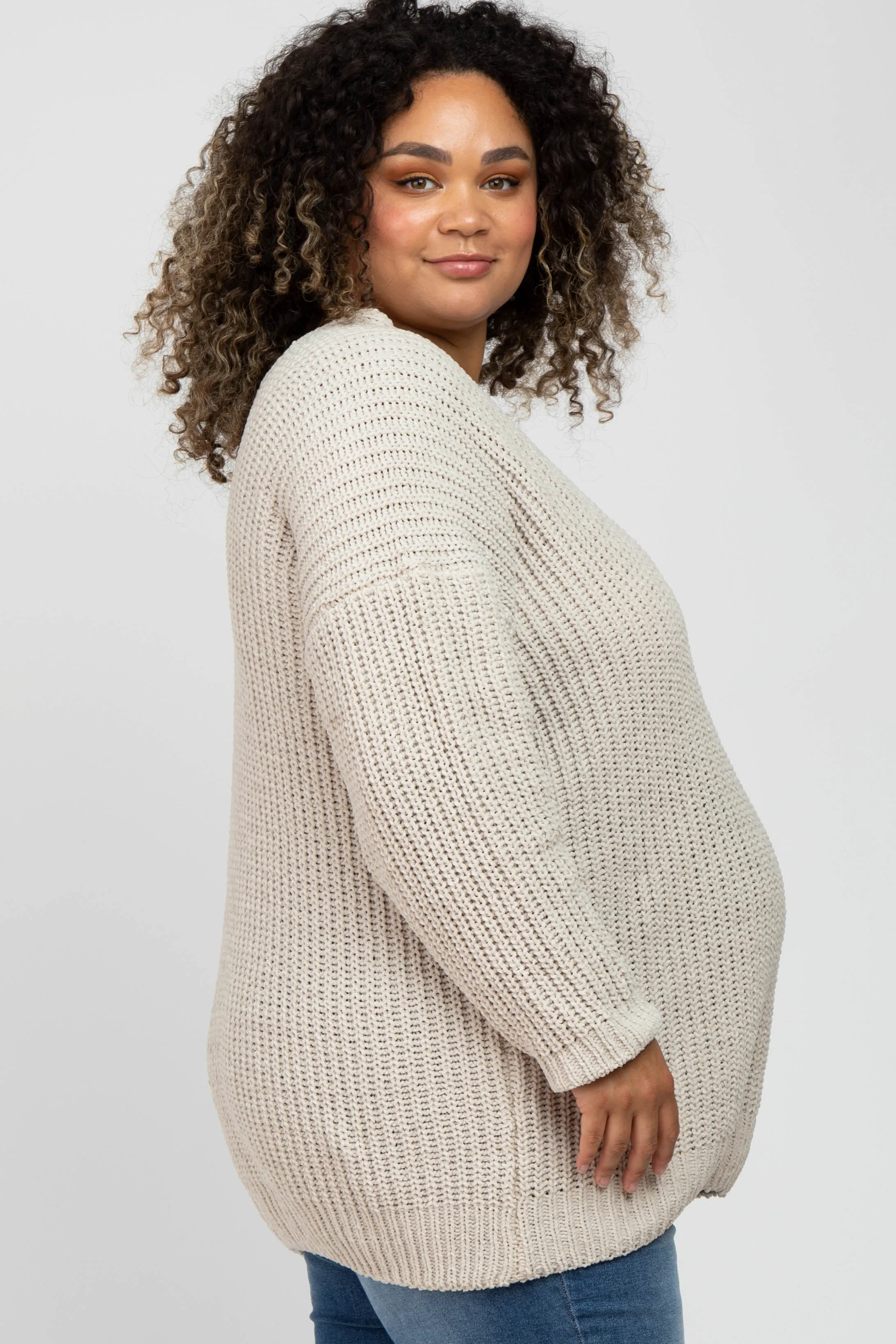 Beige Chenille Knit V-Neck Maternity Plus Sweater