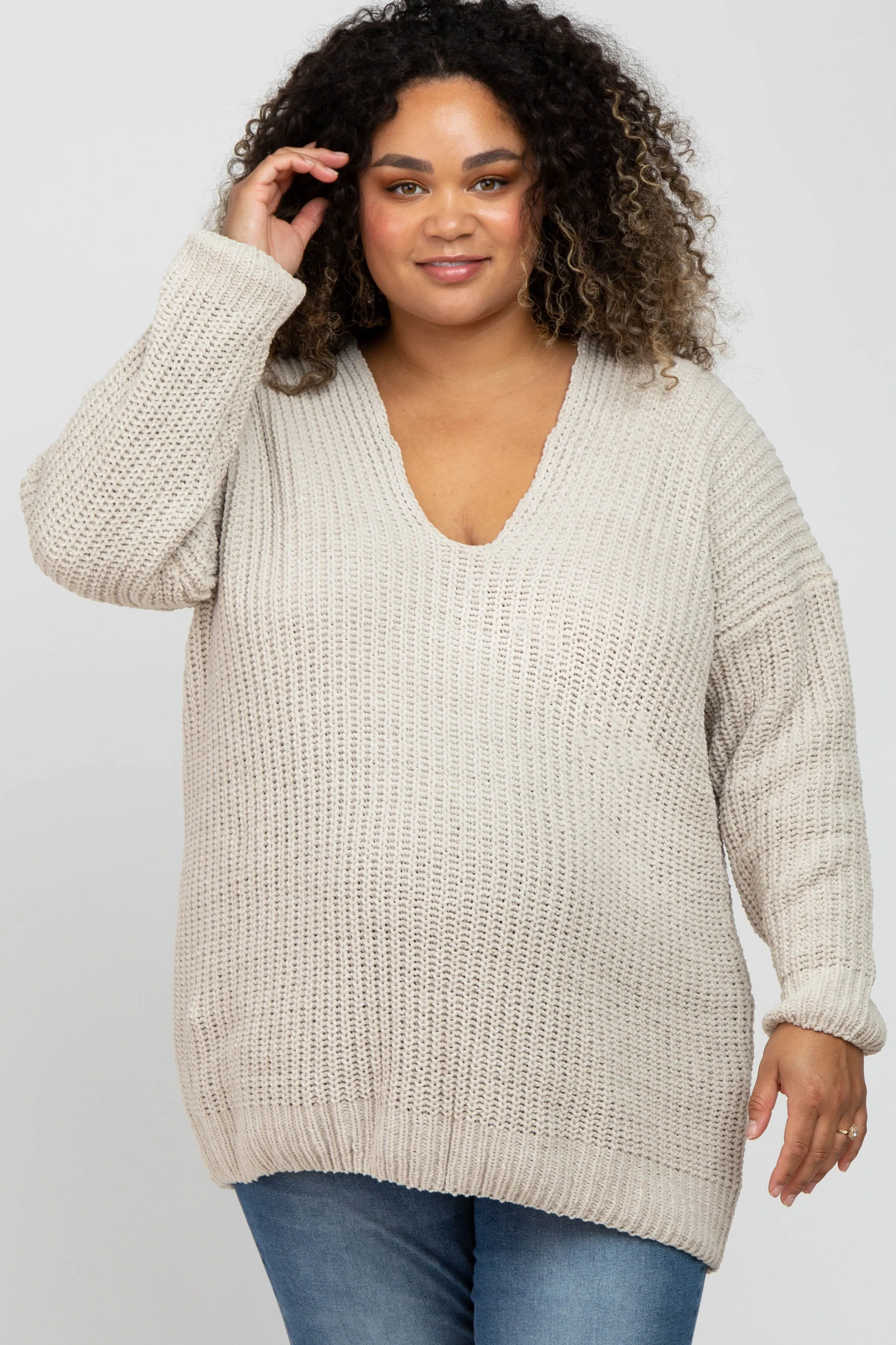 Beige Chenille Knit V-Neck Maternity Plus Sweater