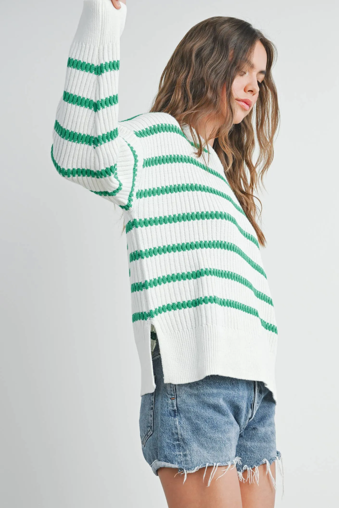 BOAT NECK STRIPED KNIT SWEATER