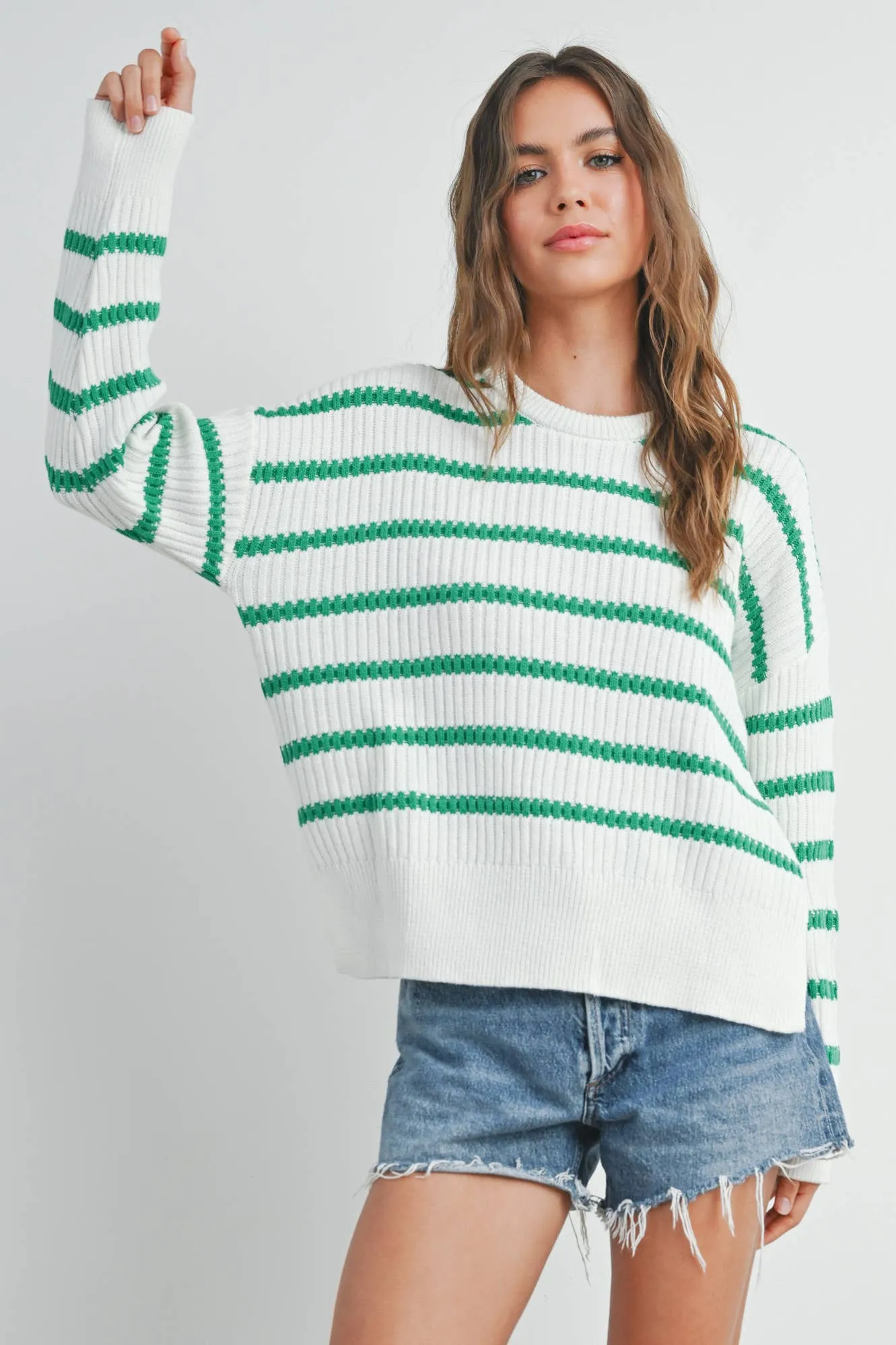 BOAT NECK STRIPED KNIT SWEATER