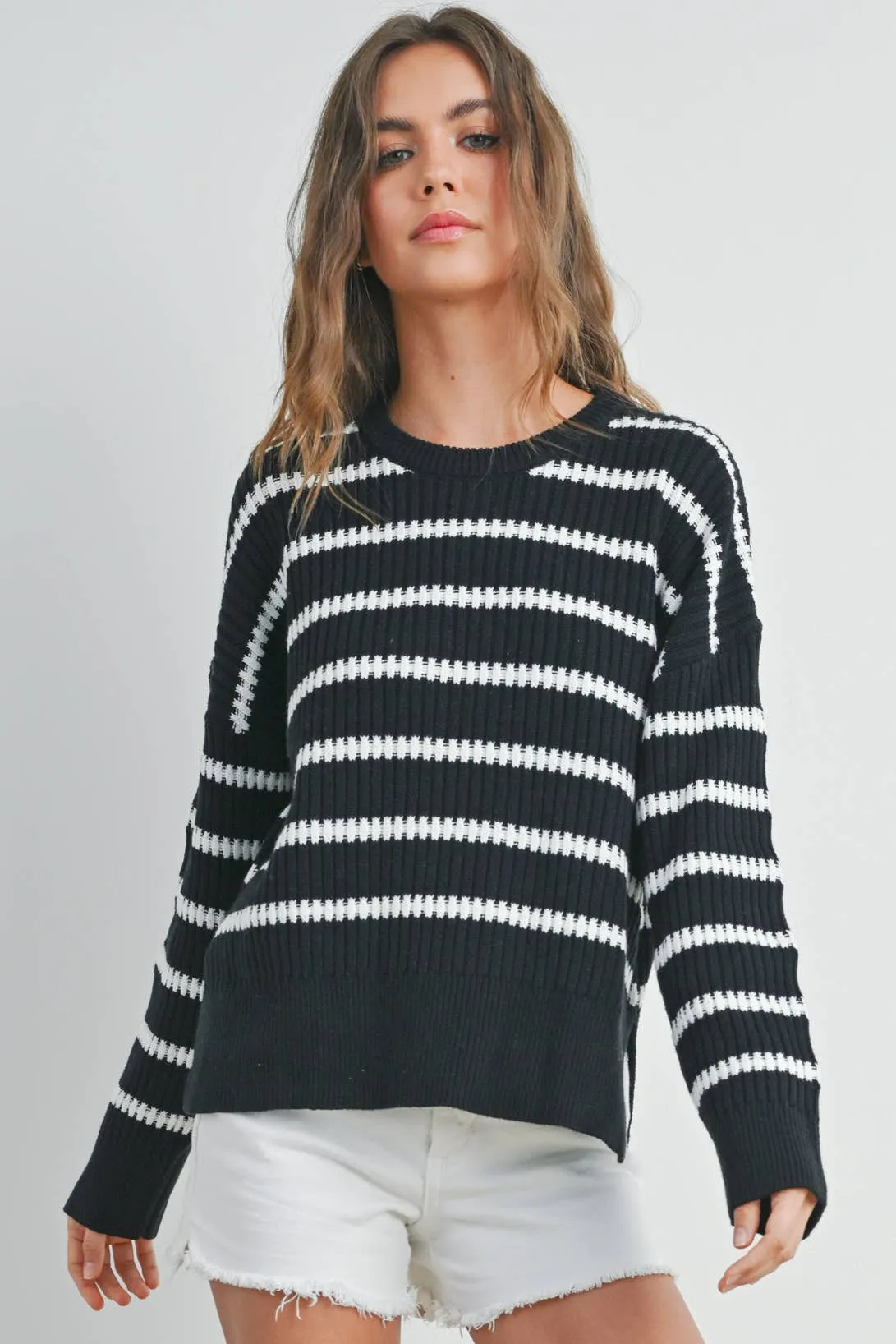 BOAT NECK STRIPED KNIT SWEATER