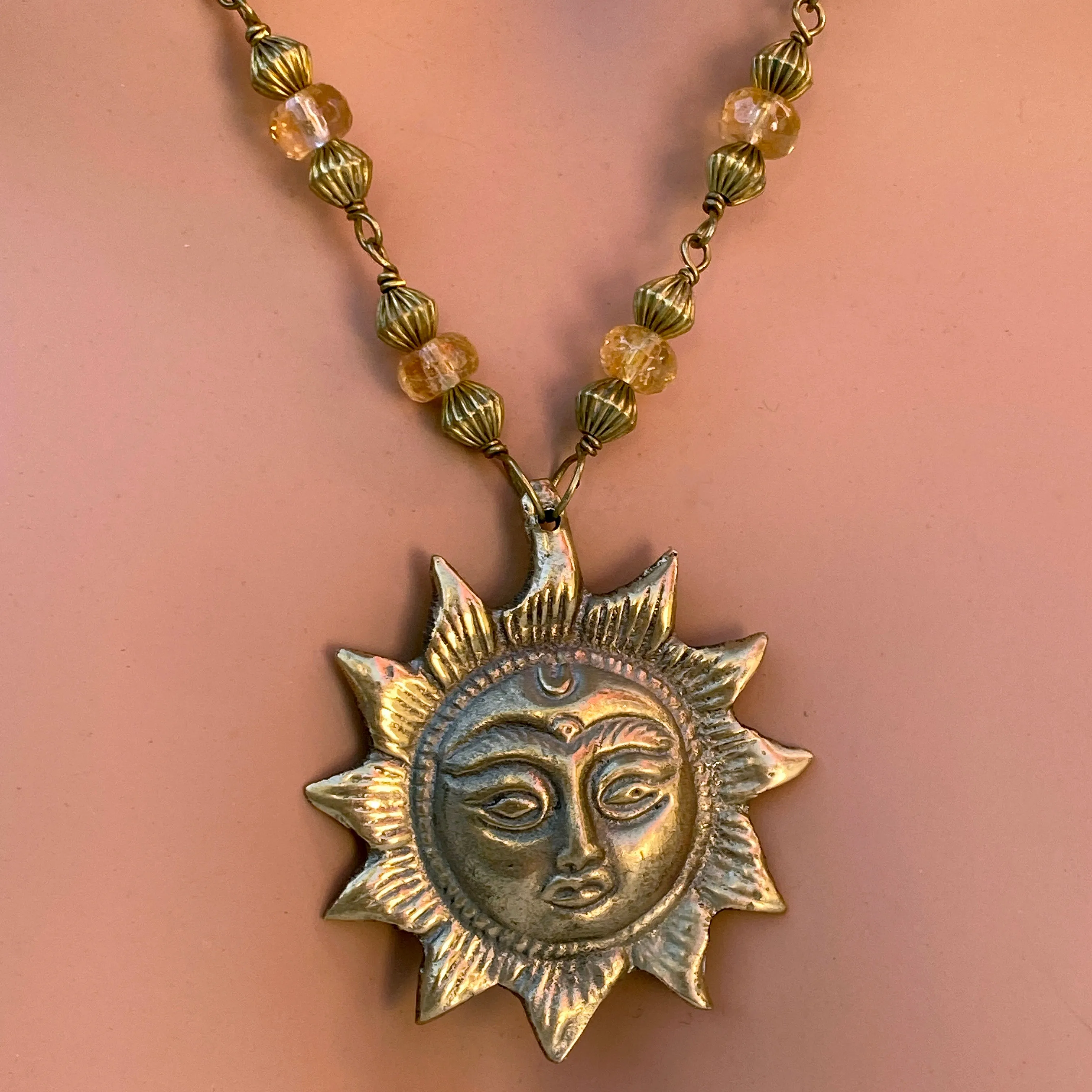 Brass Sun and Citrine Necklace