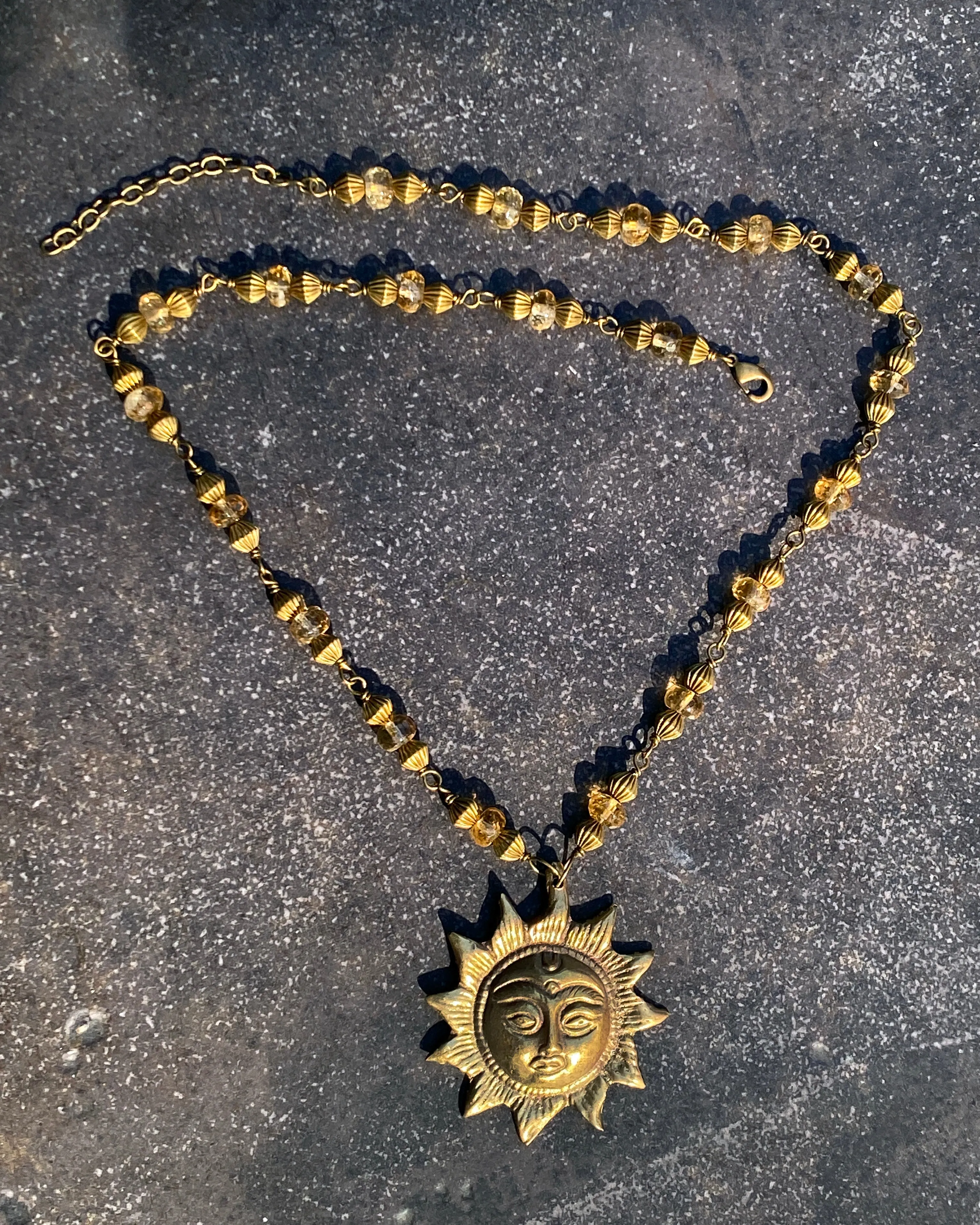 Brass Sun and Citrine Necklace