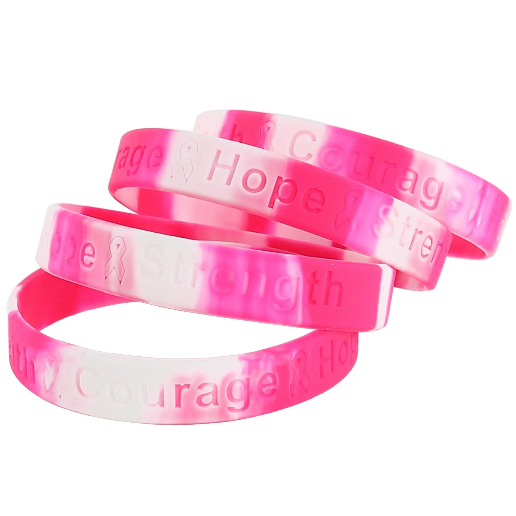 Breast Cancer Awareness Bracelets - Pink Ribbon Camouflage Silicone Rubber Cancer Support Bulk Party Giveaways Favors - Lot of 50