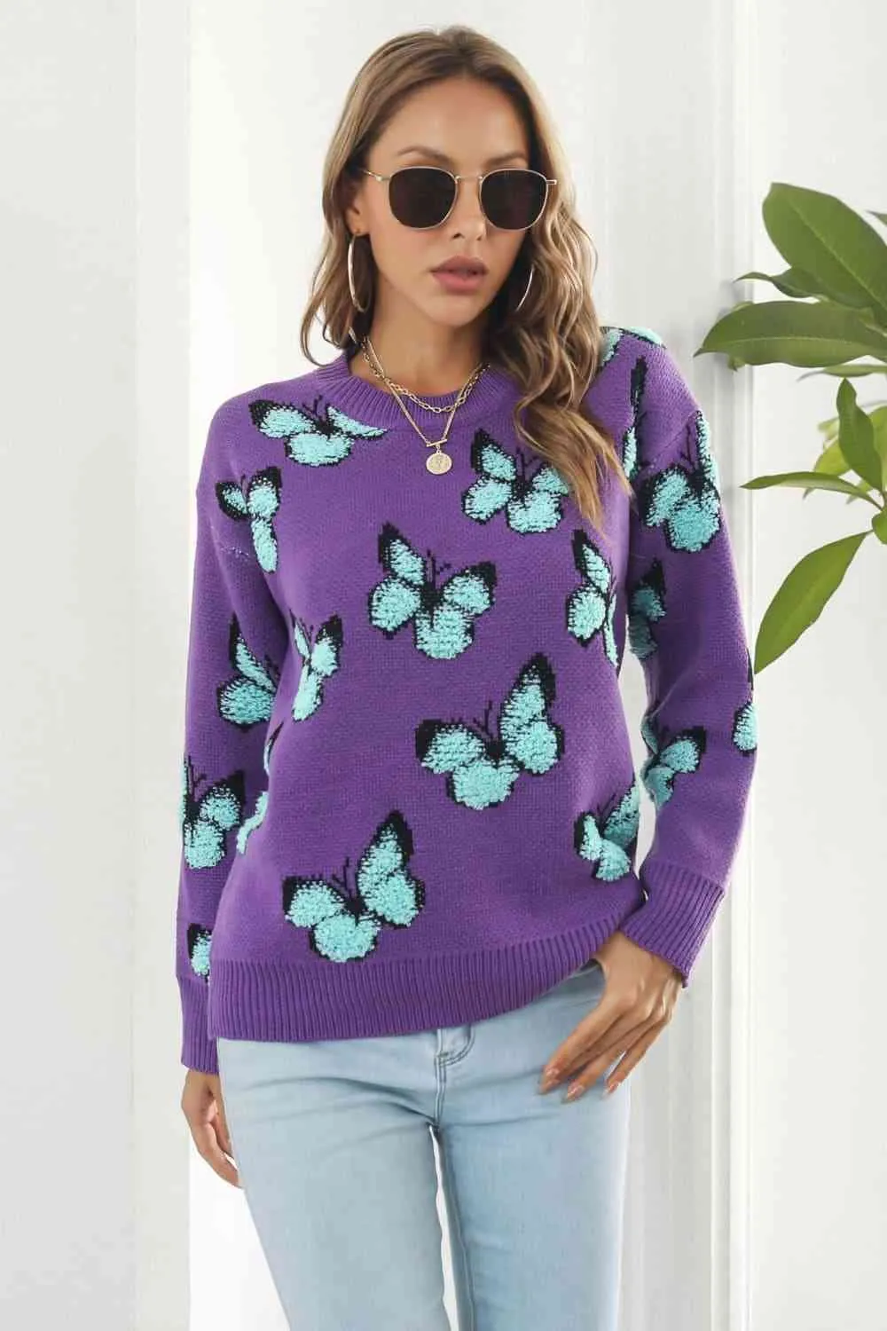 Butterfly Pattern Round Neck Dropped Shoulder Sweater