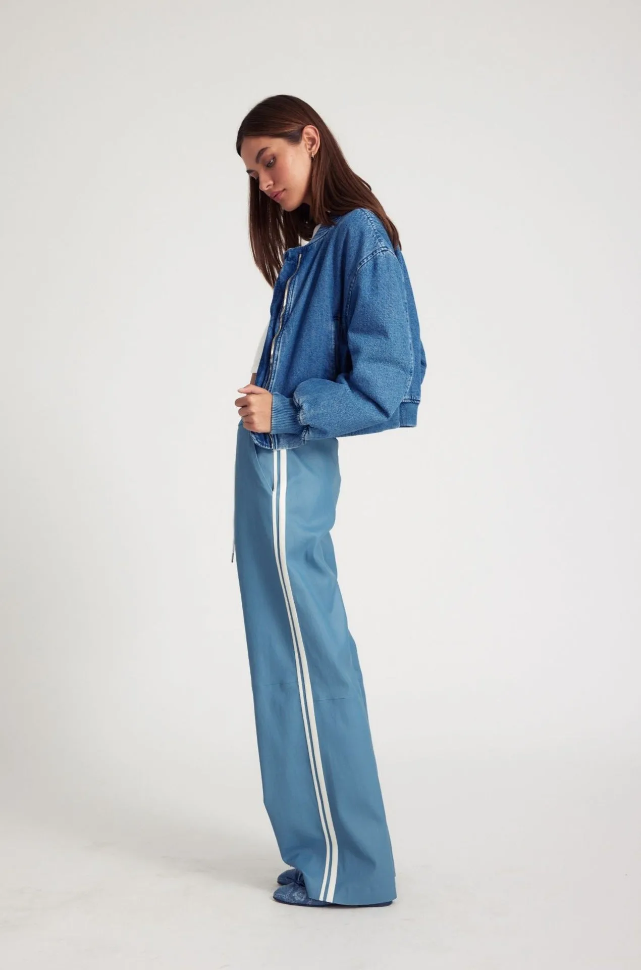 Chambray Blue Leather Drawstring Athletic Pants