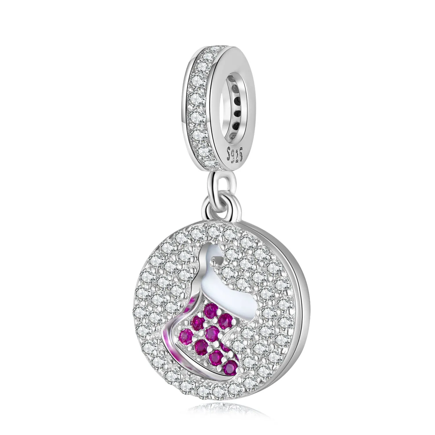 Christmas Socks Zircon Round Silver Pendant