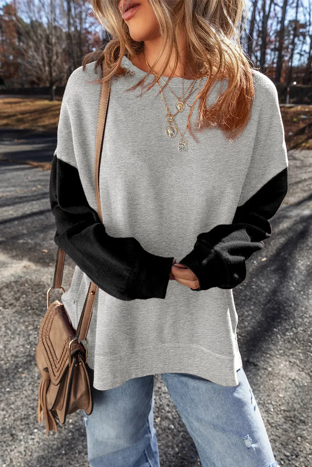 Contrast Round Neck Long Sleeve Sweatshirt