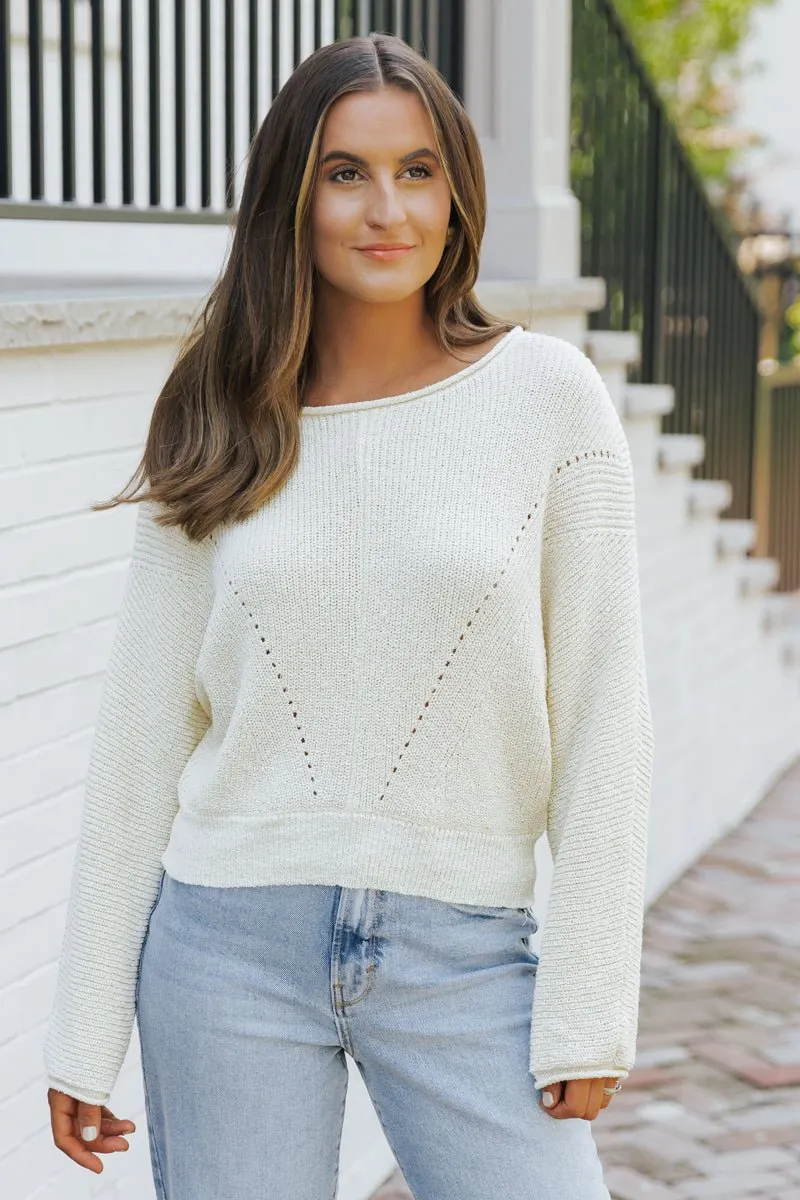 Cream Boat Neck Pointelle Sweater