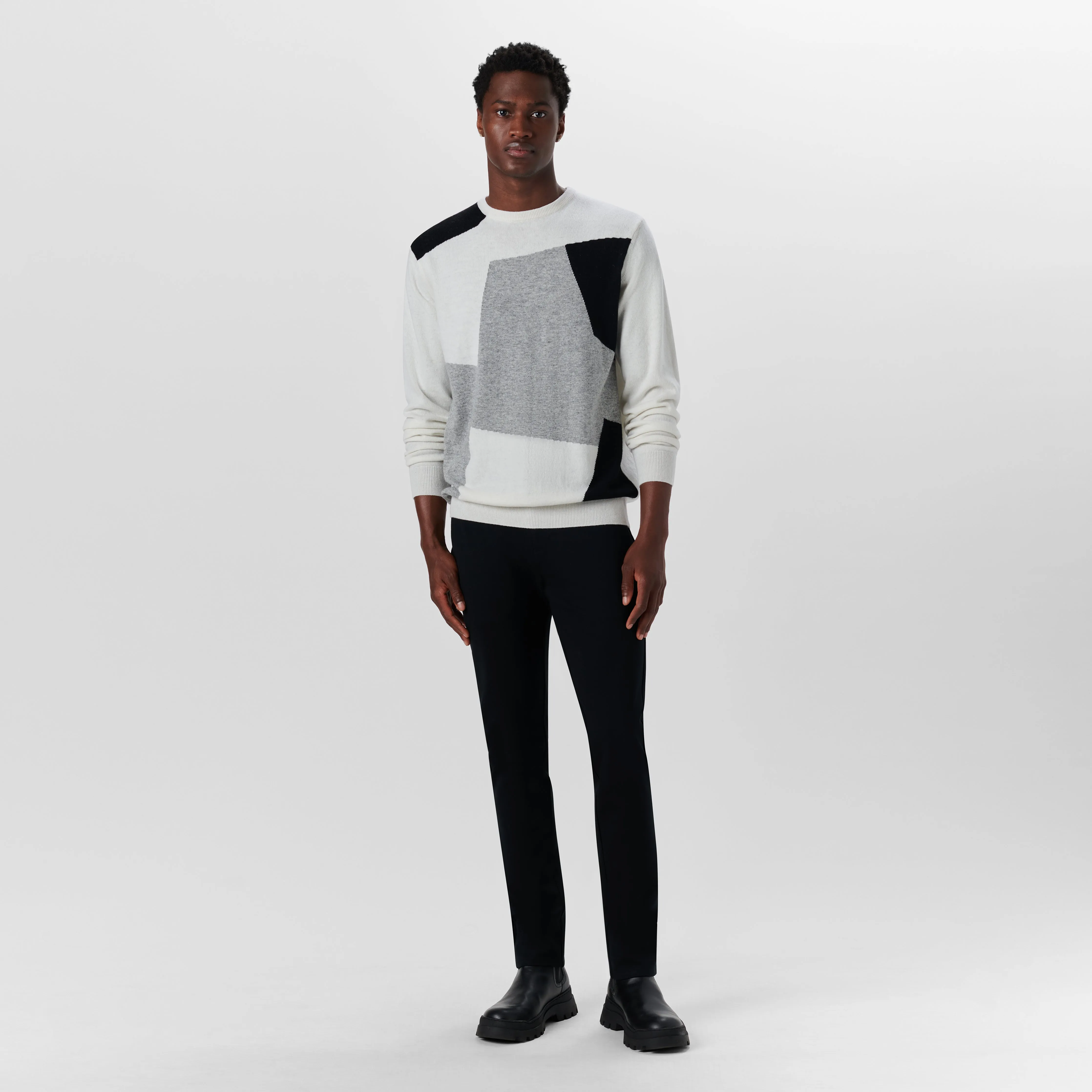 Crew Neck Patchwork Intarsia Sweater