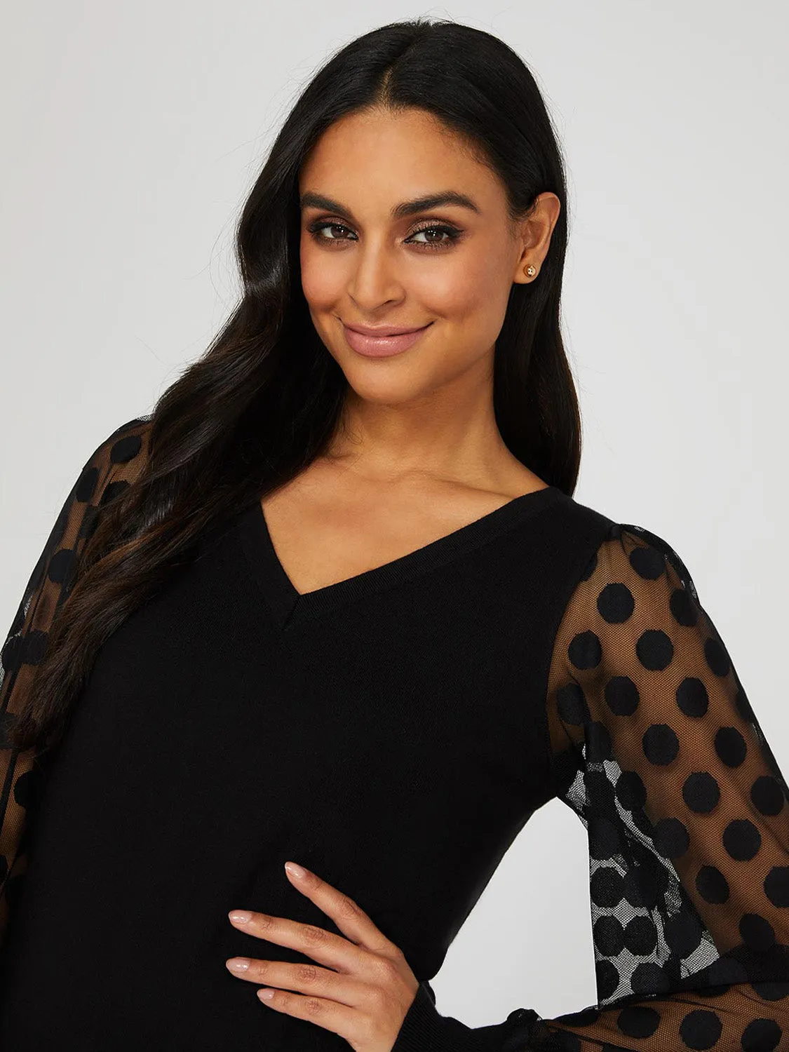 Dotted Mesh Sleeve V-Neck Sweater