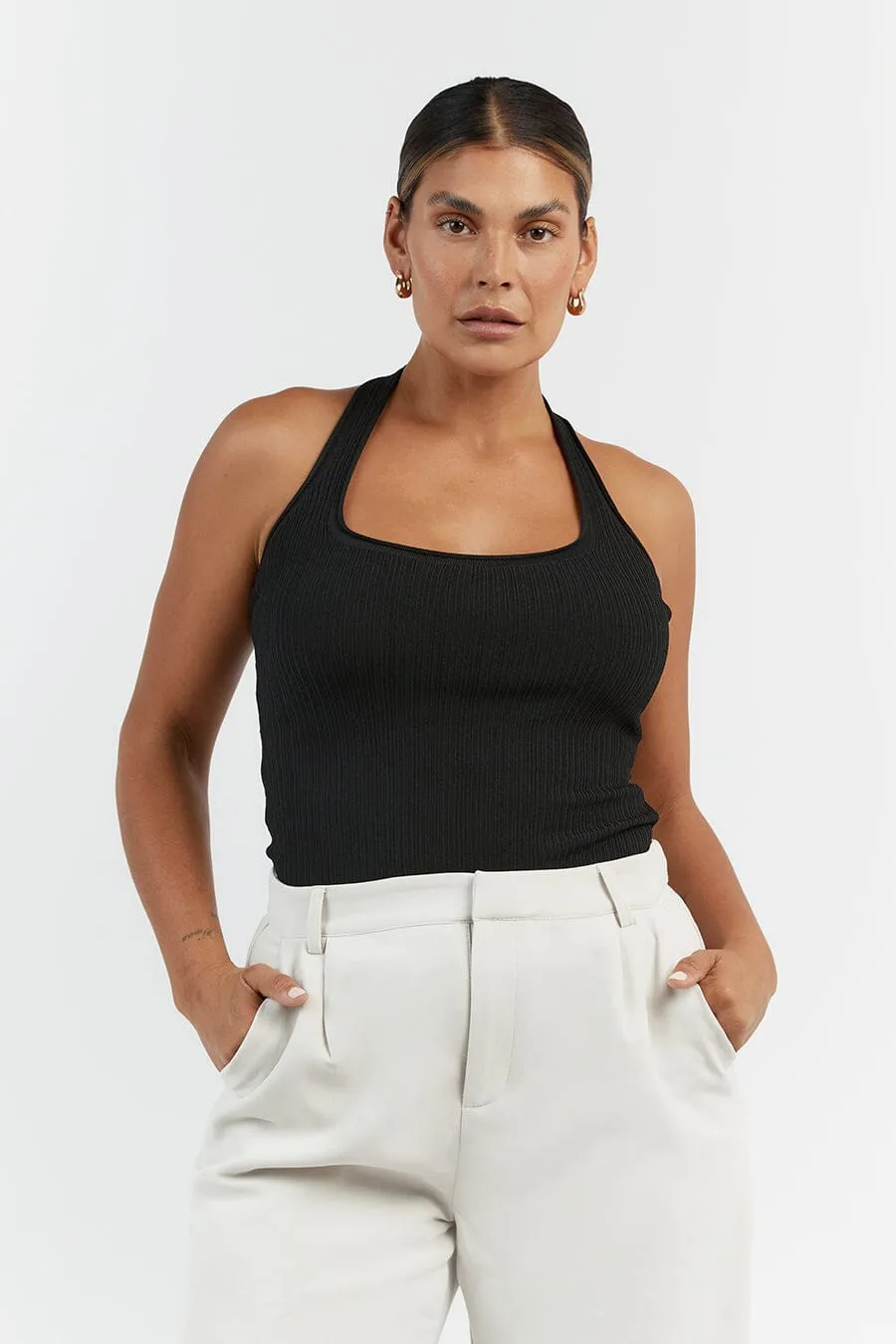 EDDISON BLACK KNIT HALTER TOP