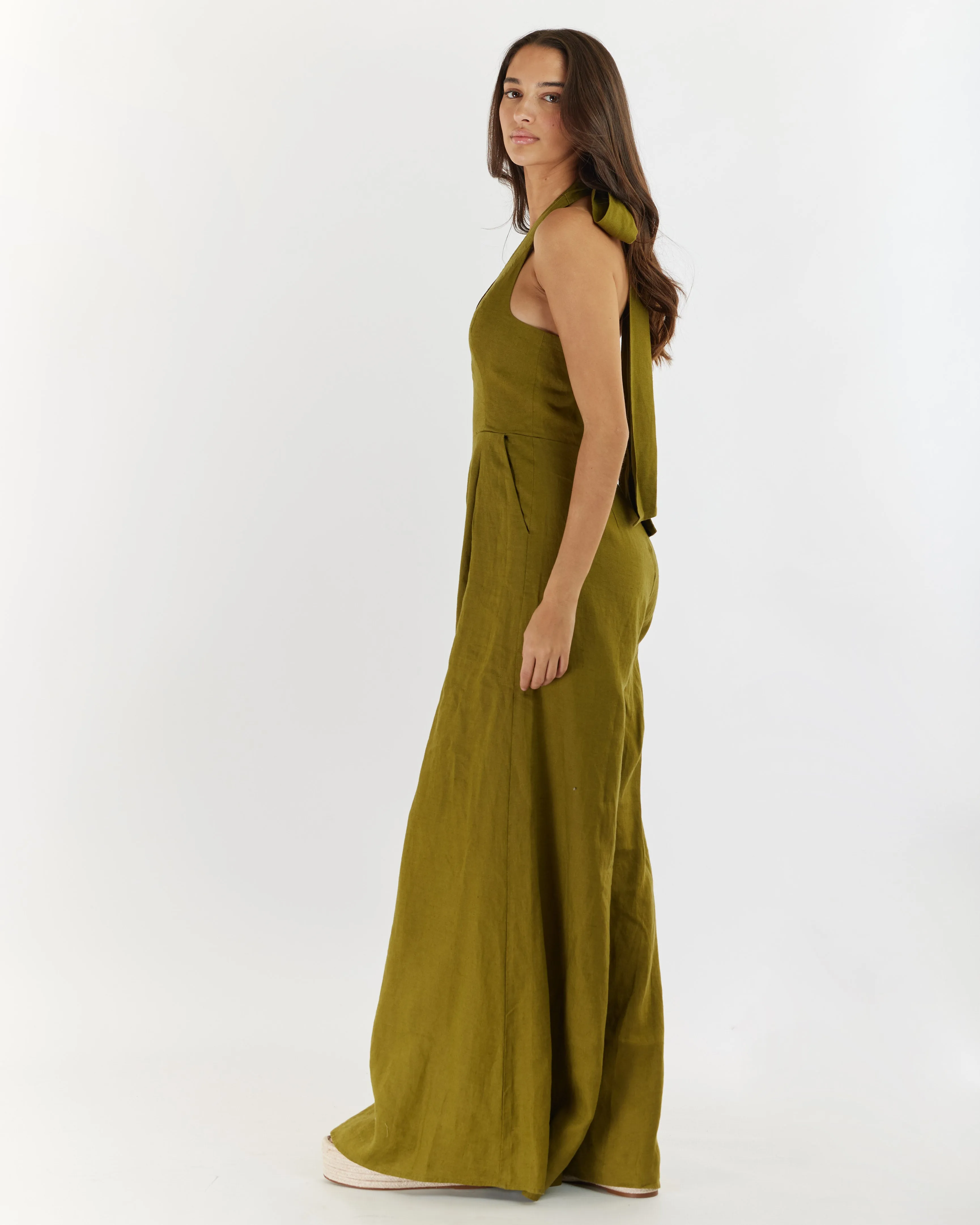 Eloise Linen Halter Jumpsuit - Olive