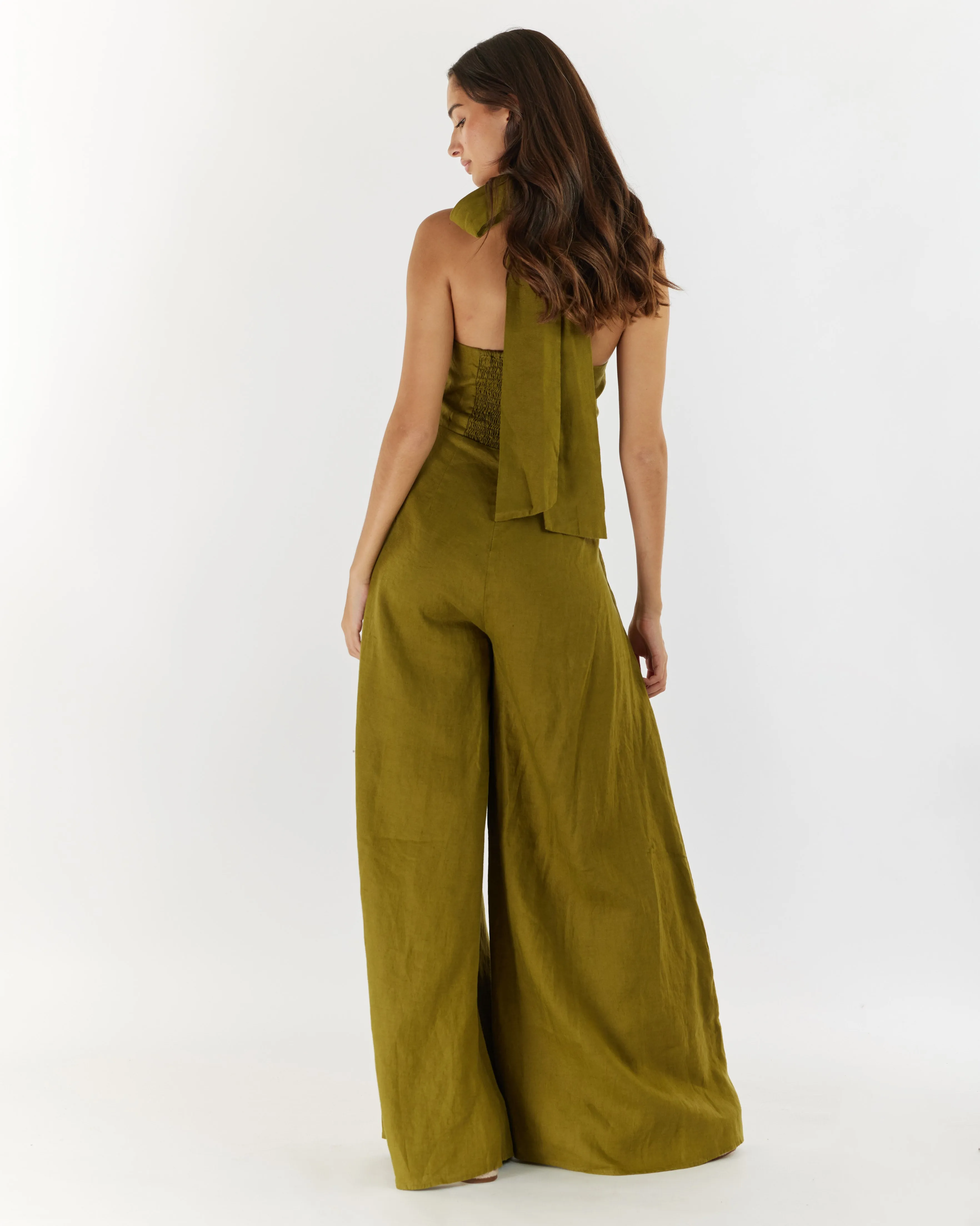 Eloise Linen Halter Jumpsuit - Olive