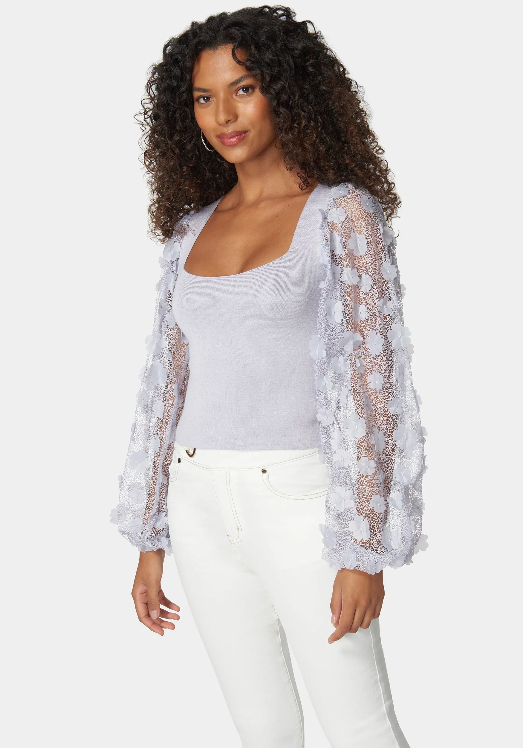 Embroidered Sleeves Square Neck Sweater