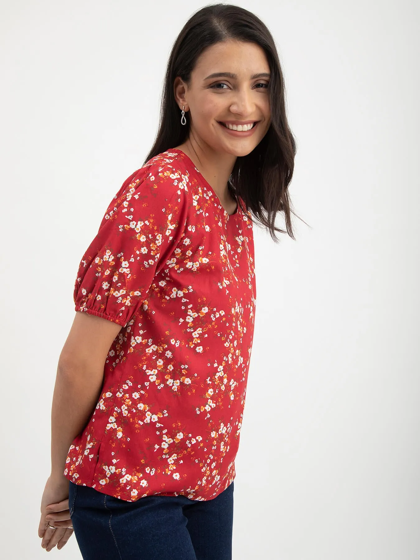 Floral Print Round Neck Top - Red