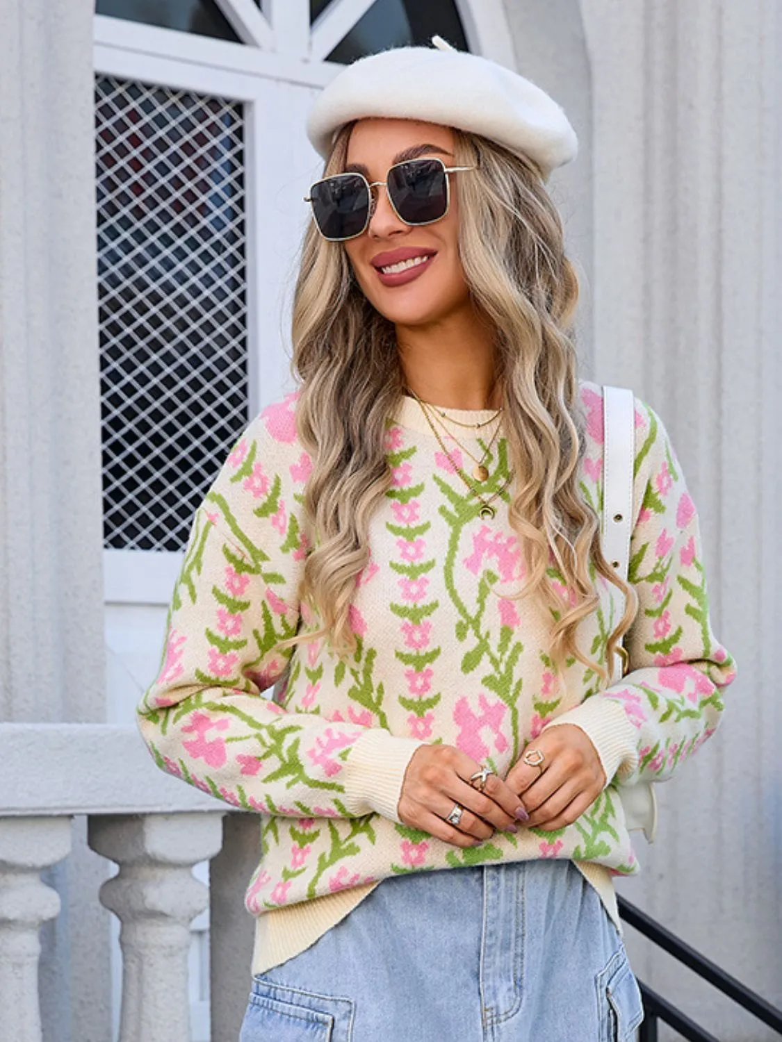 Flower Round Neck Long Sleeve Sweater