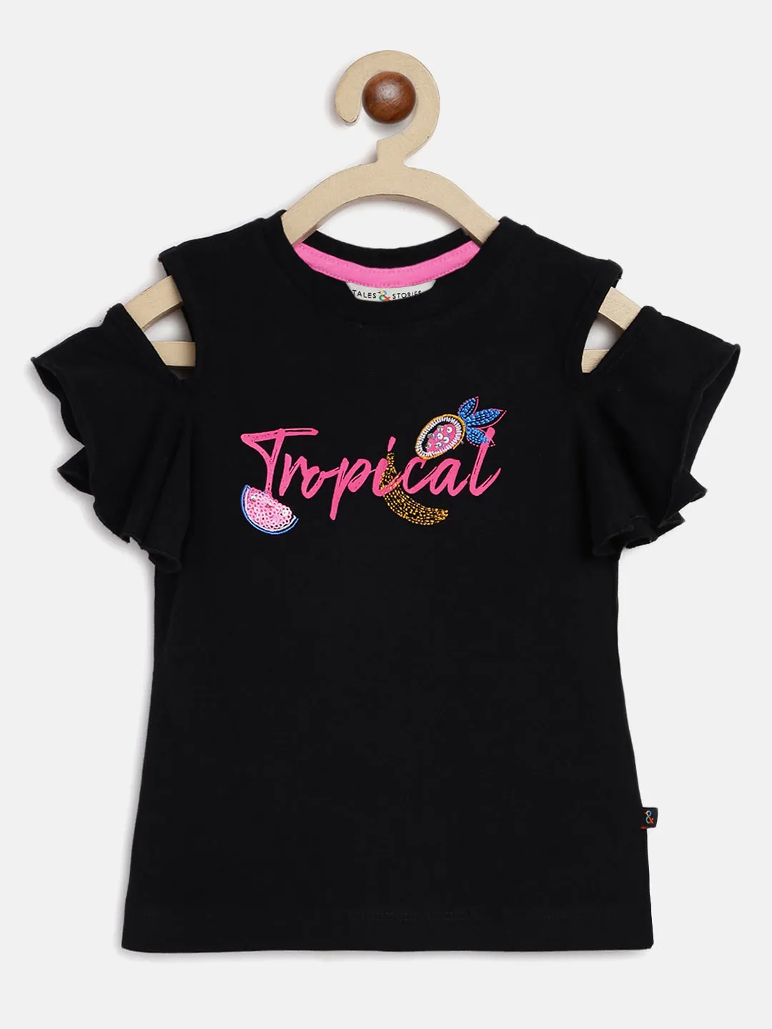 Girls Round Neck Black T-Shirt