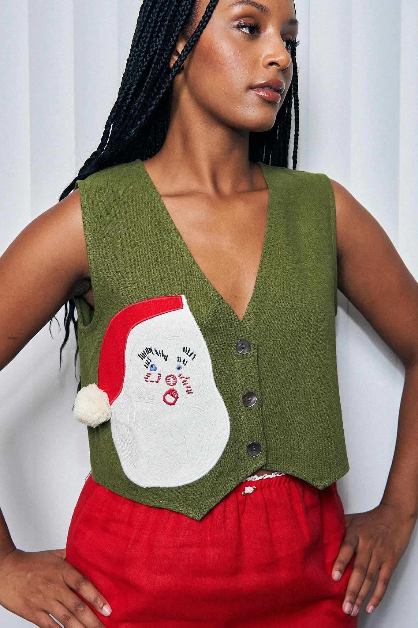 Green Linen Santa Vest