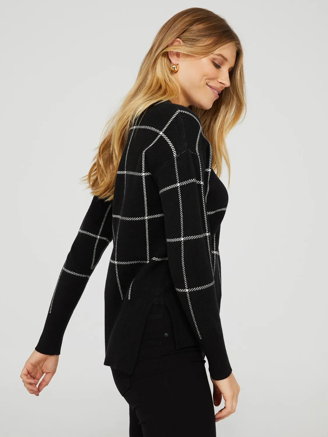 Grid Print Crew Neck Sweater