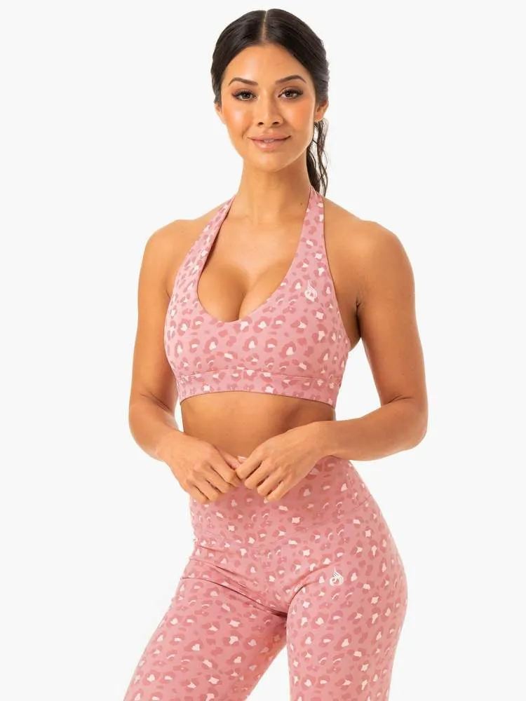 HYBRID HALTER SPORTS BRA PINK LEOPARD