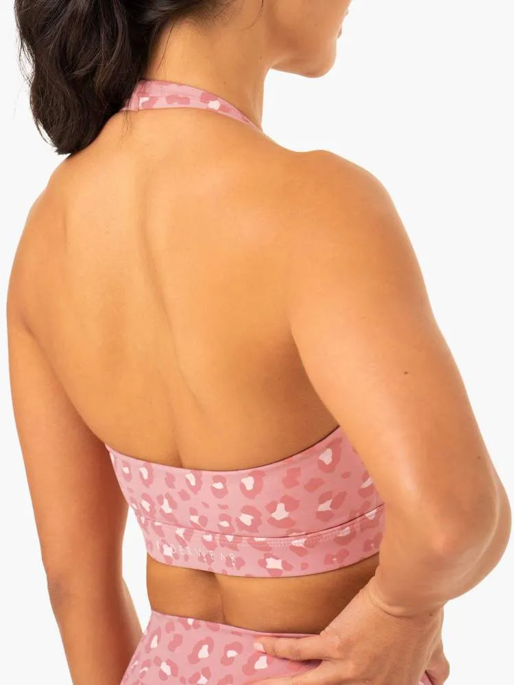 HYBRID HALTER SPORTS BRA PINK LEOPARD