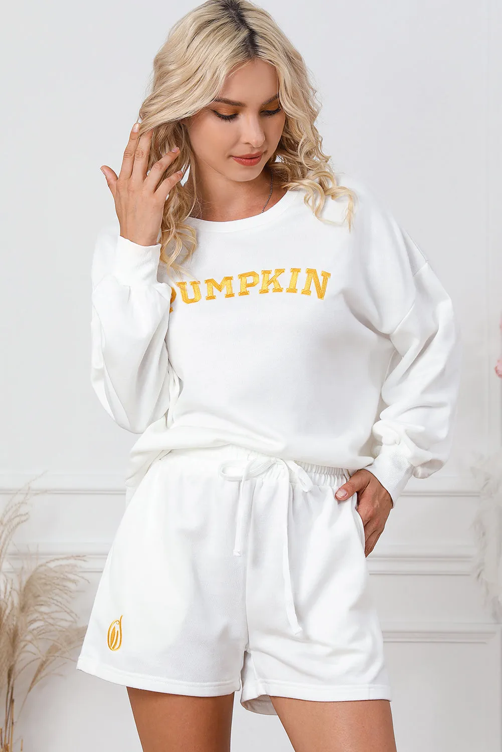 PUMPKIN Round Neck Sweatshirt and Shorts Set