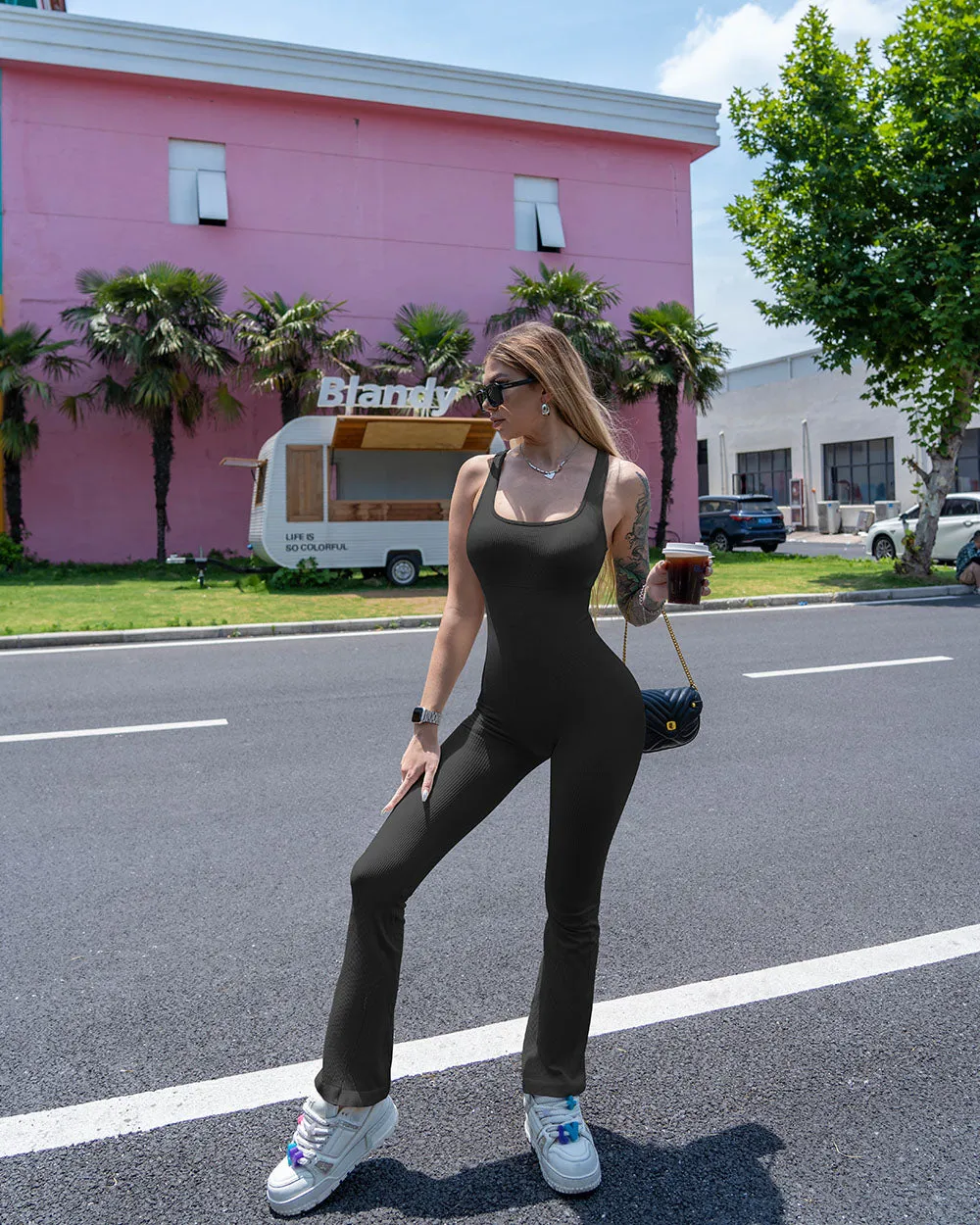 Ribbed Sleeveless Tank Tops Bell Bottoms Flare Jumpsuits