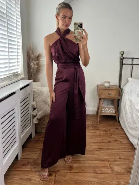 Romy Satin Halter Jumpsuit / Mulberry