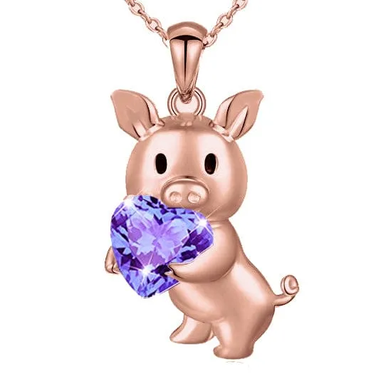 SALE!  Pig with Red CZ Heart Necklace, Sterling Silver