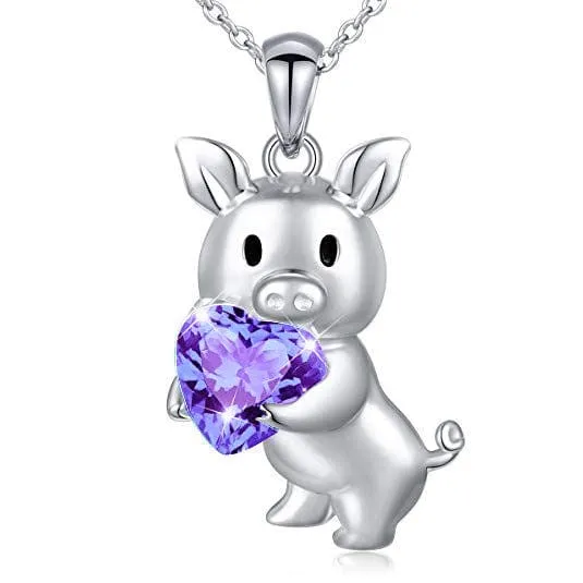 SALE!  Pig with Red CZ Heart Necklace, Sterling Silver