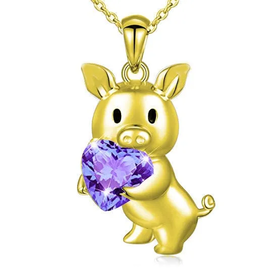 SALE!  Pig with Red CZ Heart Necklace, Sterling Silver