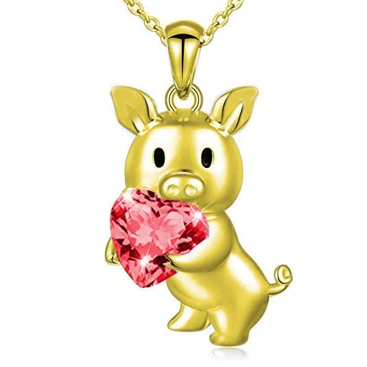 SALE!  Pig with Red CZ Heart Necklace, Sterling Silver