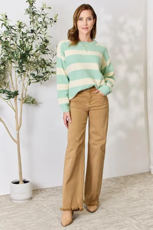 Sew In Love Full Size Contrast Striped Round Neck Sweater