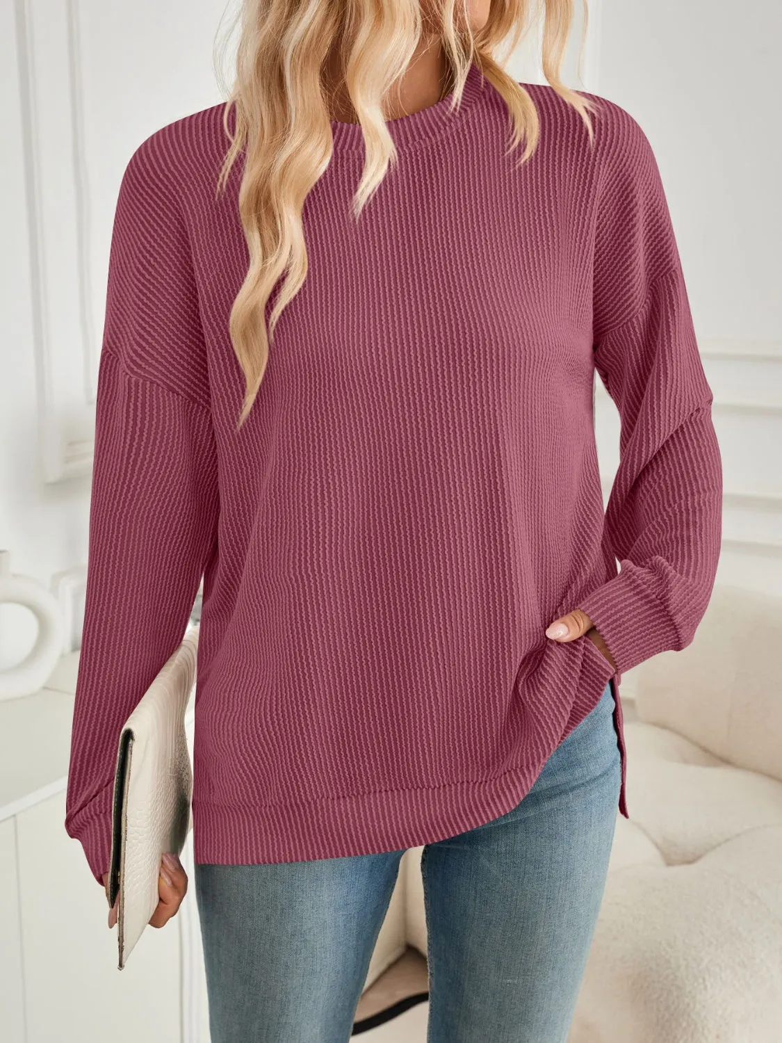 Slit Round Neck Long Sleeve Sweatshirt