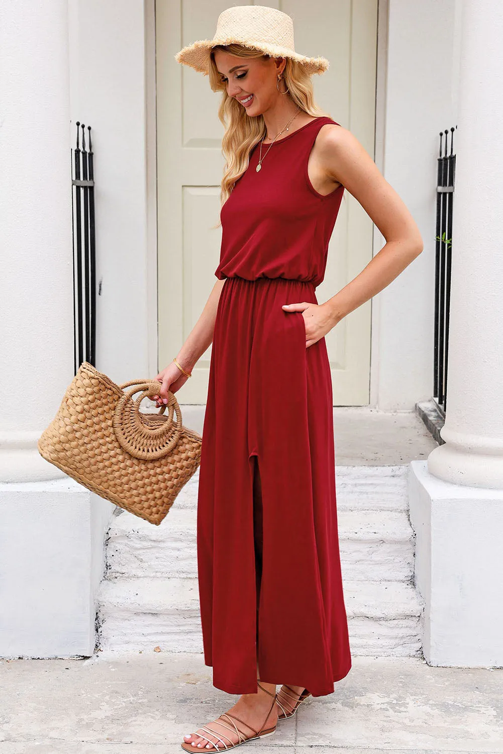 Sunset Vacation Slit Round Neck Sleeveless Dress