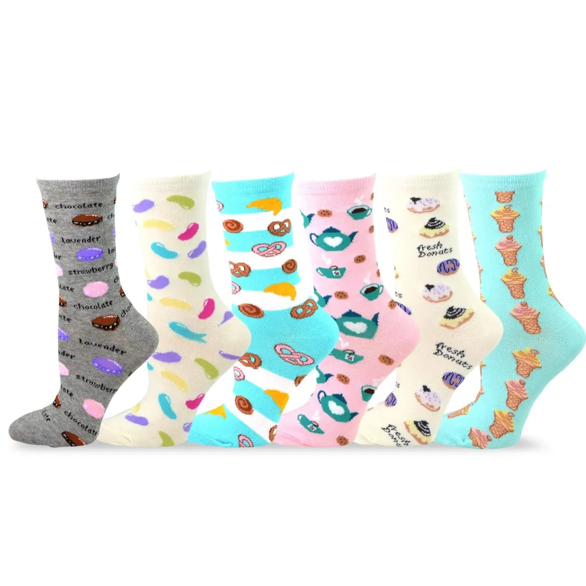 TeeHee Socks Women's Novelty Cotton Crew Bakery and Coffee 6-Pack (12007)