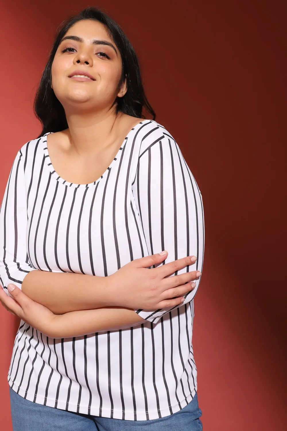 White Striped Round Neck Tshirt