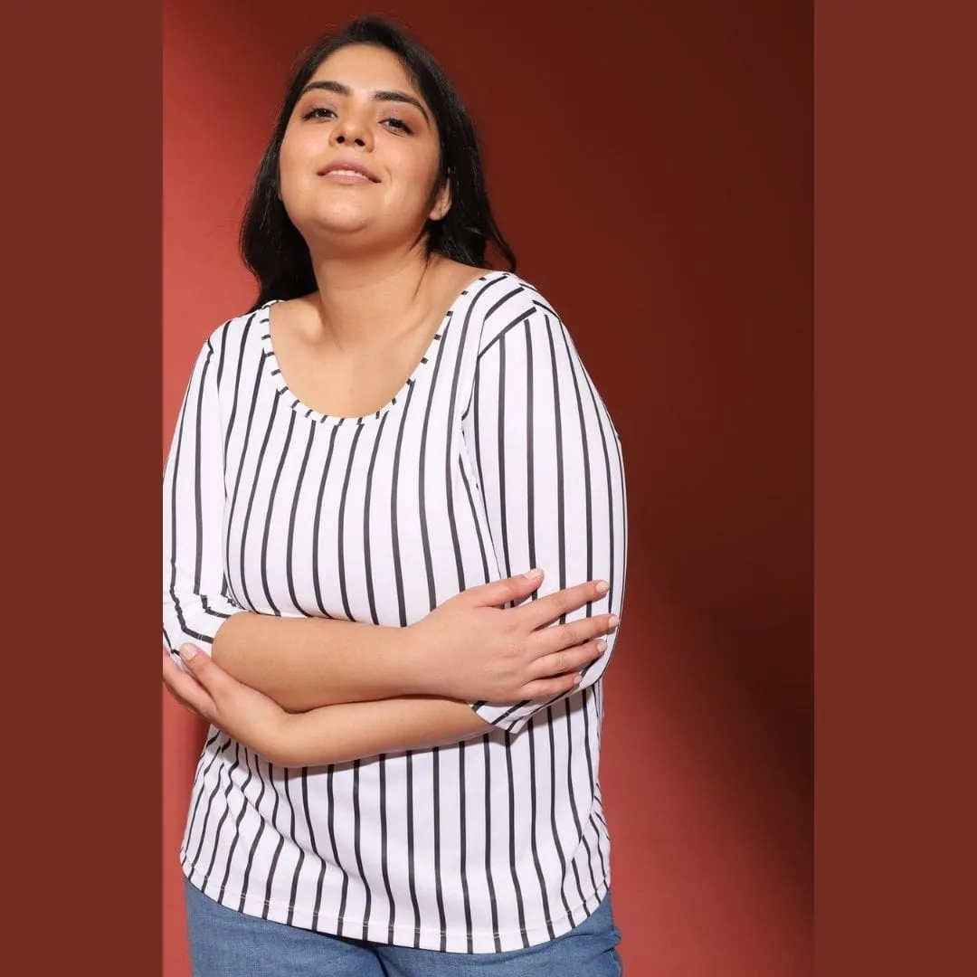 White Striped Round Neck Tshirt