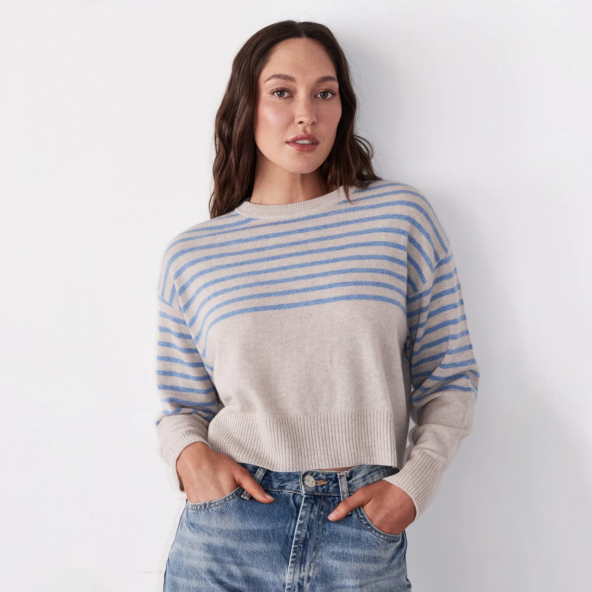 Wool Cashmere Stripe Crew Neck Sweater